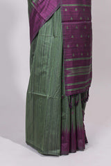 Bottel green ikkat motifs design semi tussar saree with contrast border and motifs blouse