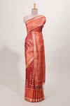 Rust maroon tussar saree all over body ikkat print with contrast small zari border , bandhani print pallu and ikkat contrast blouse