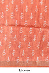 Rust maroon tussar saree all over body ikkat print with contrast small zari border , bandhani print pallu and ikkat contrast blouse
