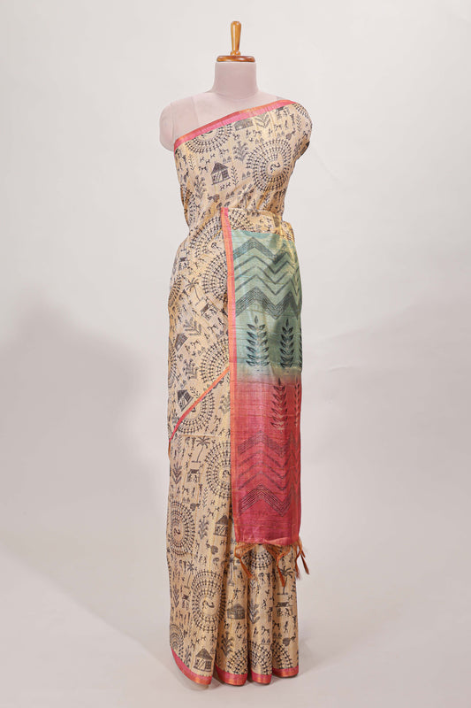 Sandal all over body Warli print with  leaf motifs pallu and contrast blouse