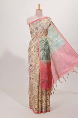 Sandal all over body Warli print withleaf motifs pallu and contrast blouse