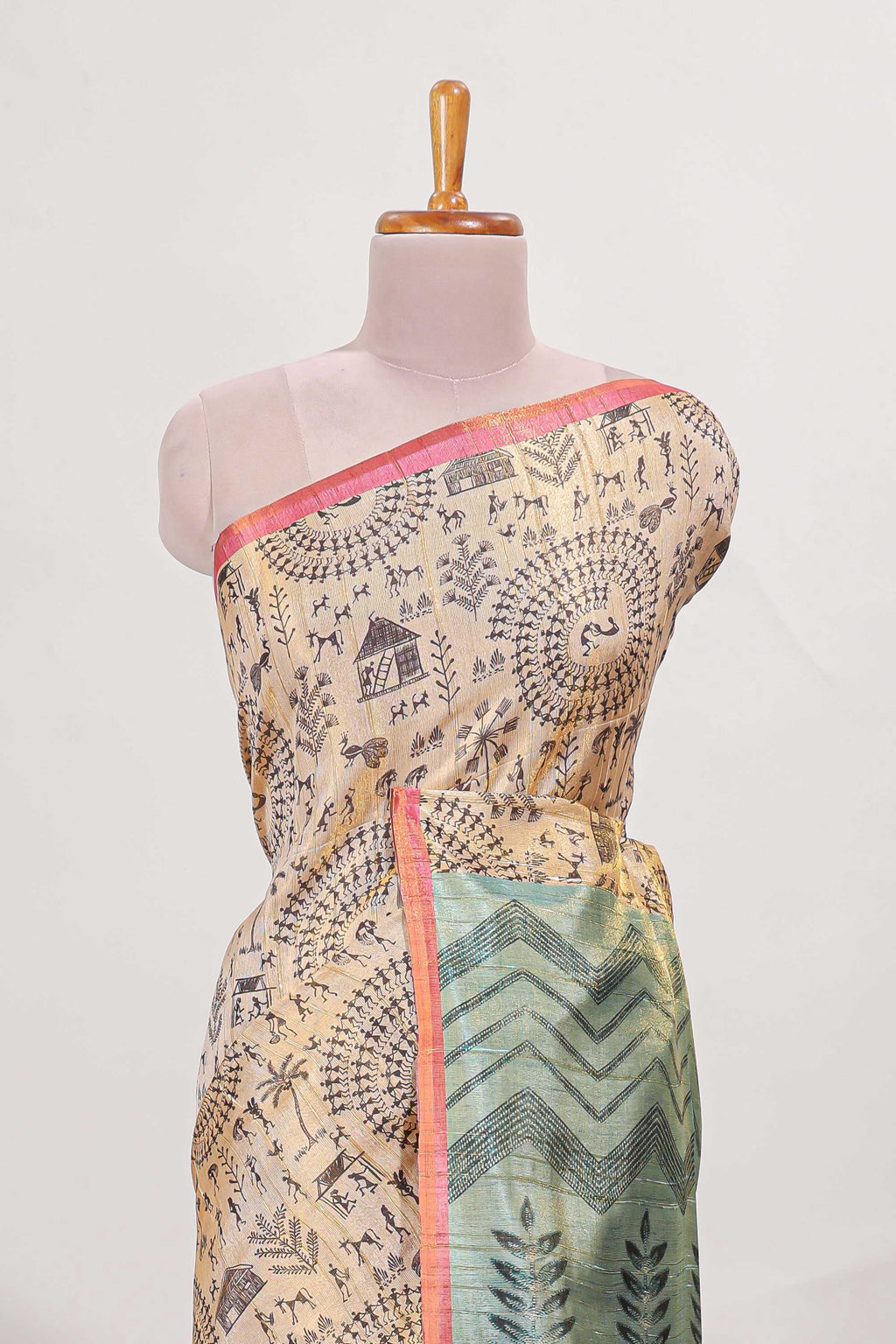 Sandal all over body Warli print with  leaf motifs pallu and contrast blouse