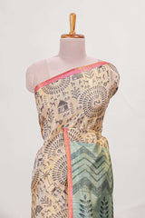 Sandal all over body Warli print withleaf motifs pallu and contrast blouse