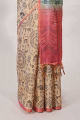 Sandal all over body Warli print withleaf motifs pallu and contrast blouse