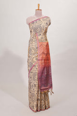 Sandal semi tussar saree all over body Warli print withleaf motifs pallu and contrast blouse