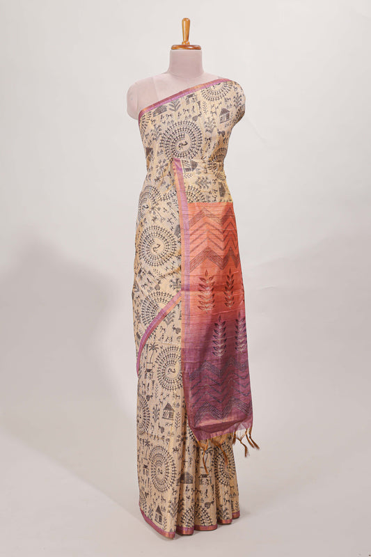 Sandal all over body Warli print with  leaf motifs pallu and contrast blouse
