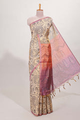 Sandal semi tussar saree all over body Warli print withleaf motifs pallu and contrast blouse