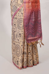 Sandal semi tussar saree all over body Warli print withleaf motifs pallu and contrast blouse