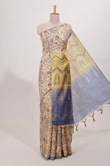 Sandal all over body Warli print withleaf motifs pallu and contrast blouse