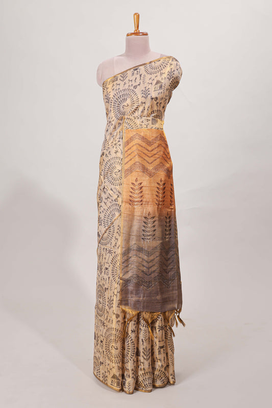 Sandal all over body Warli print with  leaf motifs pallu and contrast blouse