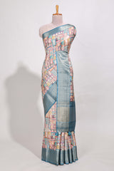 Blue colour story bookprintedsemi tussar saree with zari border and zari weaving blouse