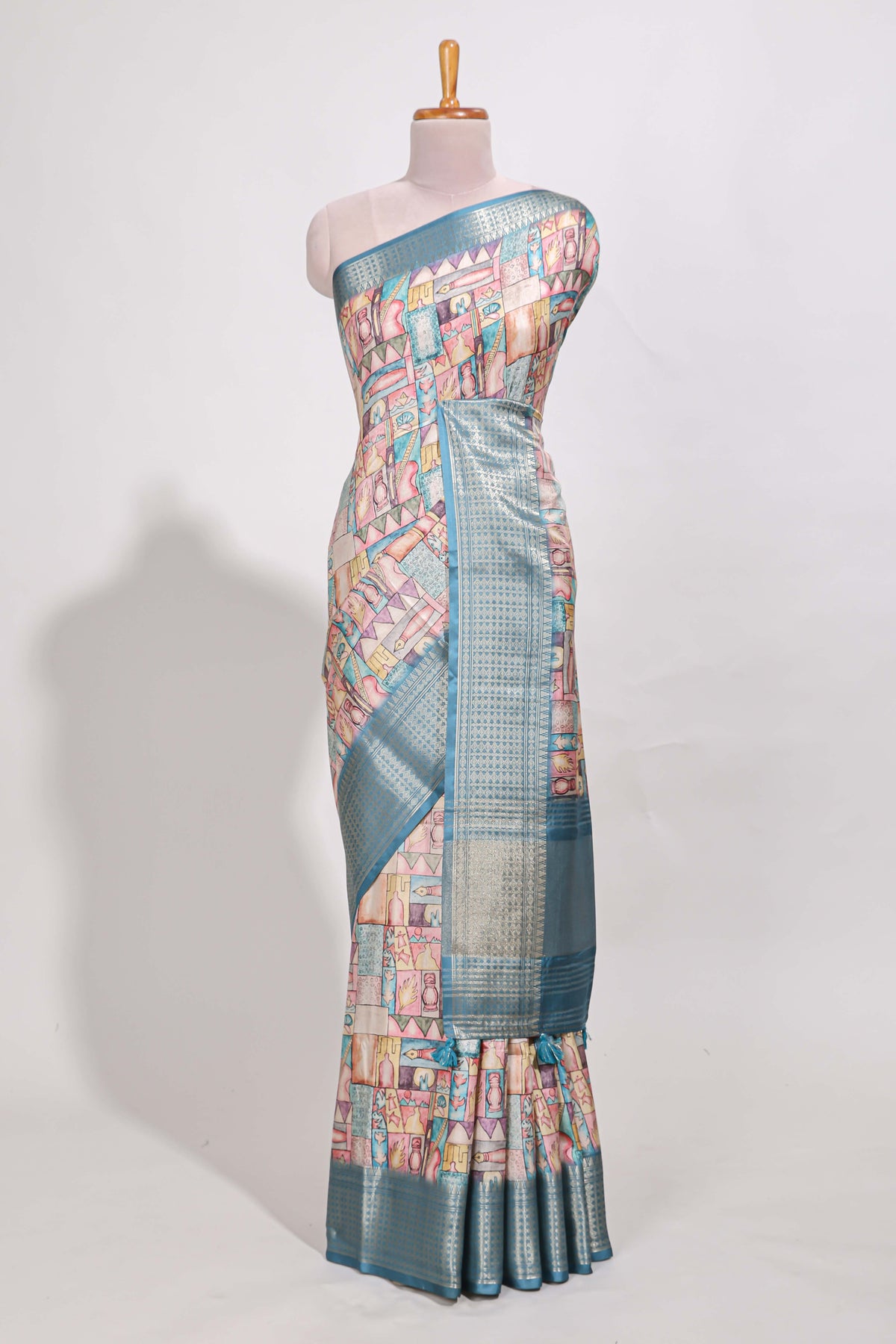 Blue colour story book  printed  semi tussar saree with zari border and zari weaving blouse