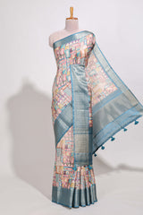 Blue colour story bookprintedsemi tussar saree with zari border and zari weaving blouse