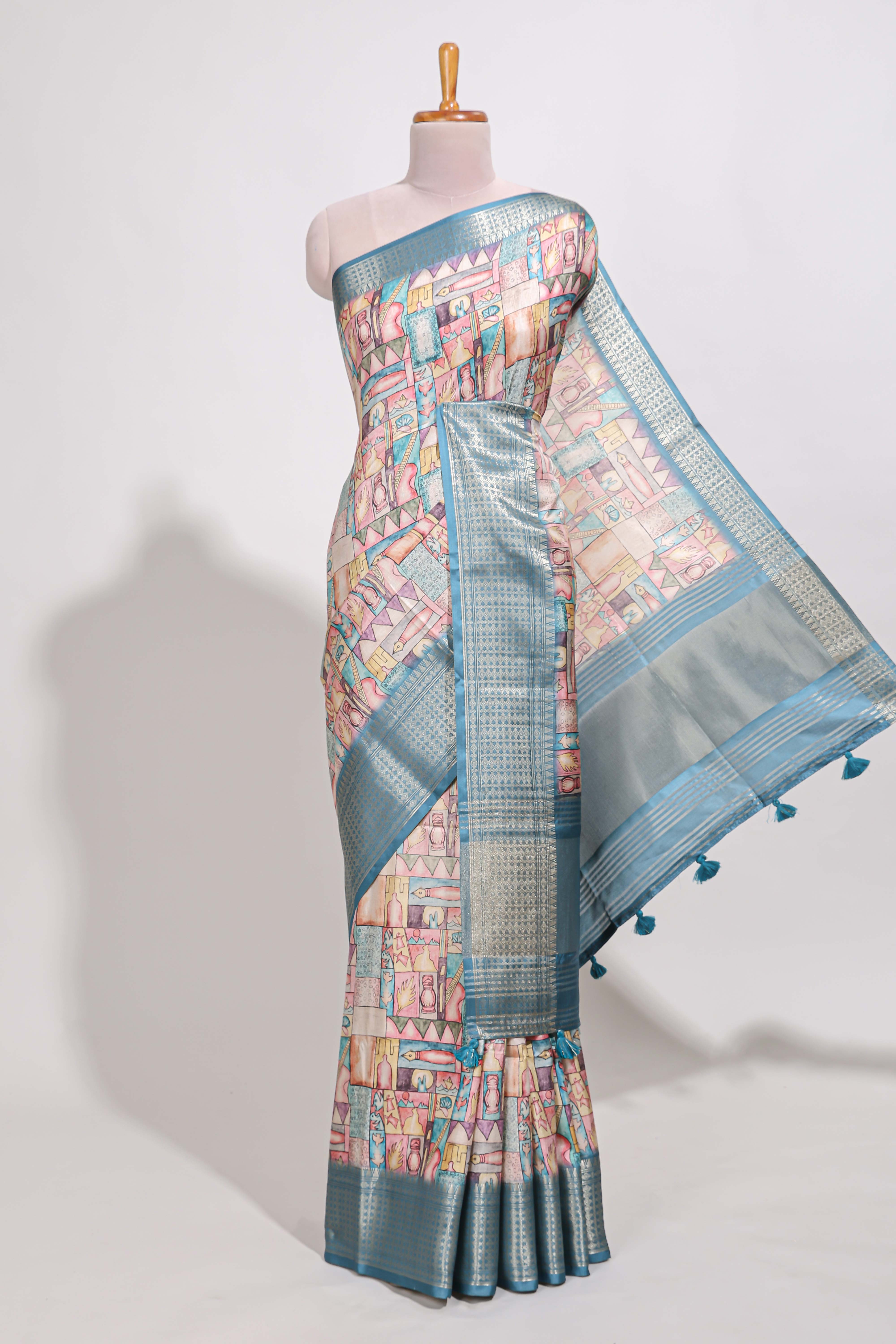 Blue colour story bookprintedsemi tussar saree with zari border and zari weaving blouse