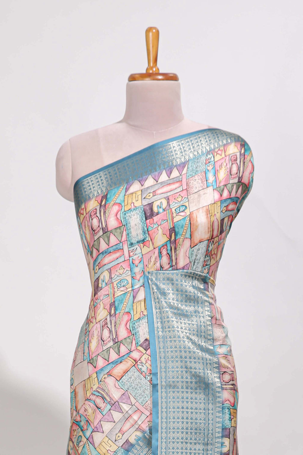 Blue colour story book  printed  semi tussar saree with zari border and zari weaving blouse