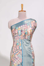 Blue colour story book  printed  semi tussar saree with zari border and zari weaving blouse