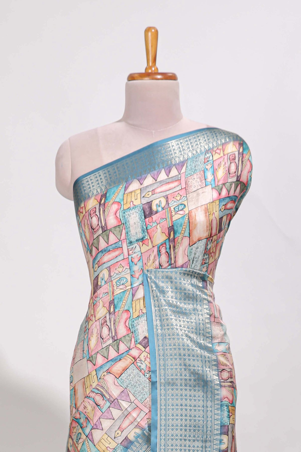 Blue colour story book  printed  semi tussar saree with zari border and zari weaving blouse