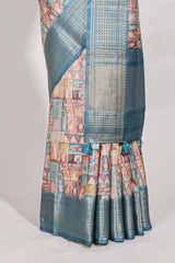 Blue colour story bookprintedsemi tussar saree with zari border and zari weaving blouse