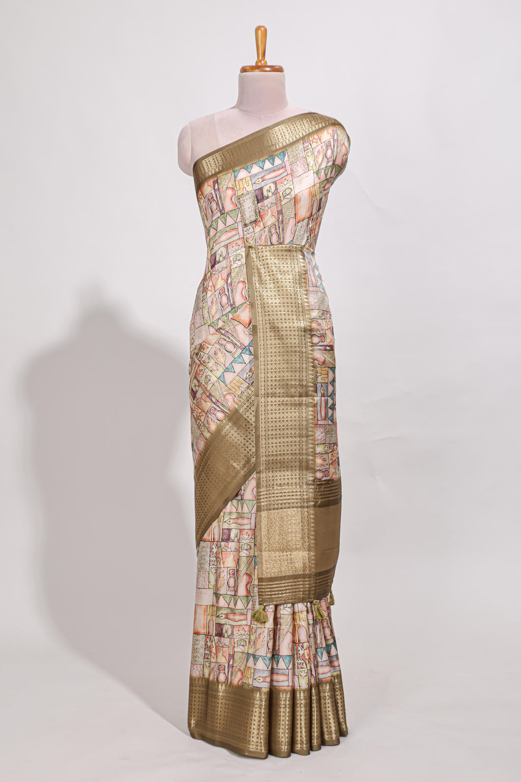 Mustard yellow colour story book  printed  semi tussar saree with zari border and zari weaving blouse