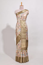 Mustard yellow colour story book  printed  semi tussar saree with zari border and zari weaving blouse
