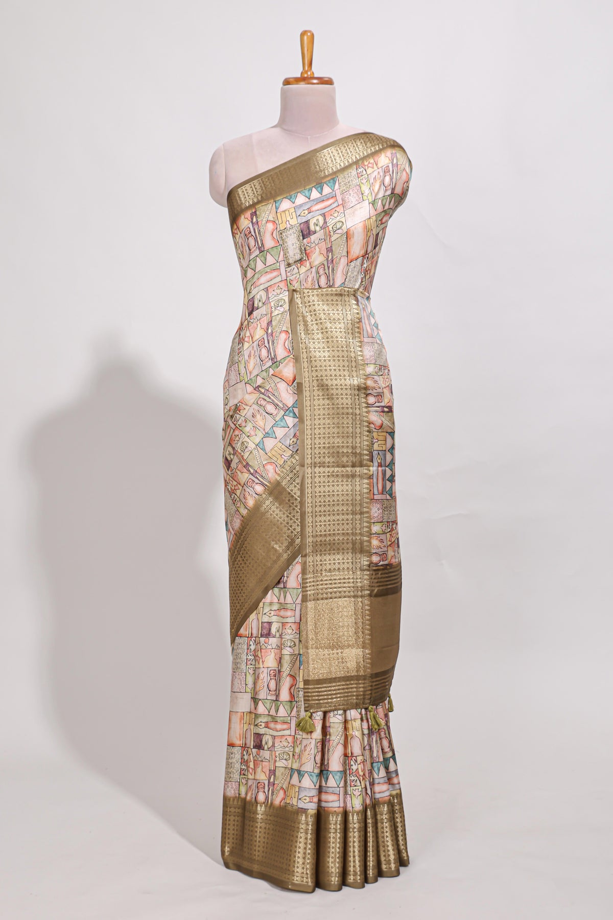Mustard yellow colour story book  printed  semi tussar saree with zari border and zari weaving blouse