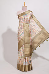 Mustard yellow colour story bookprintedsemi tussar saree with zari border and zari weaving blouse