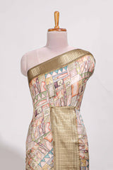Mustard yellow colour story bookprintedsemi tussar saree with zari border and zari weaving blouse