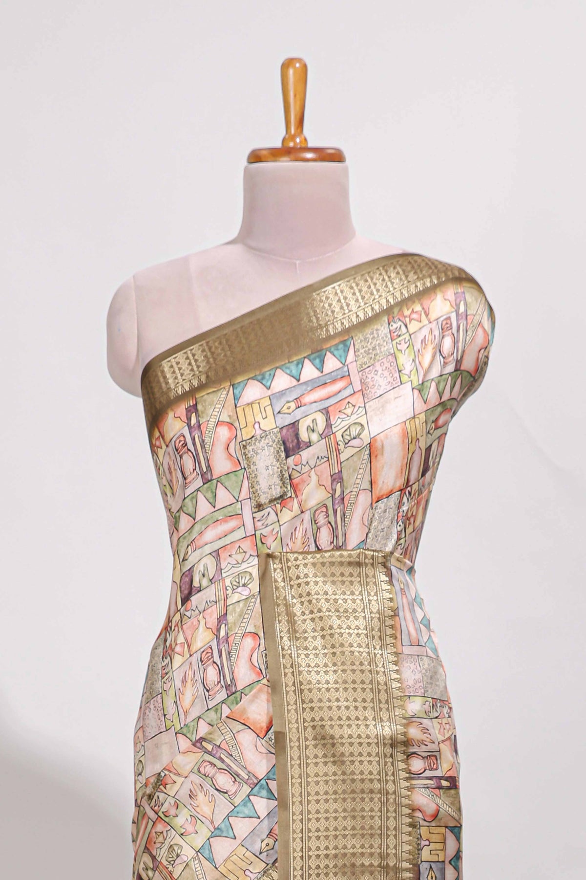 Mustard yellow colour story book  printed  semi tussar saree with zari border and zari weaving blouse