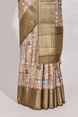 Mustard yellow colour story bookprintedsemi tussar saree with zari border and zari weaving blouse