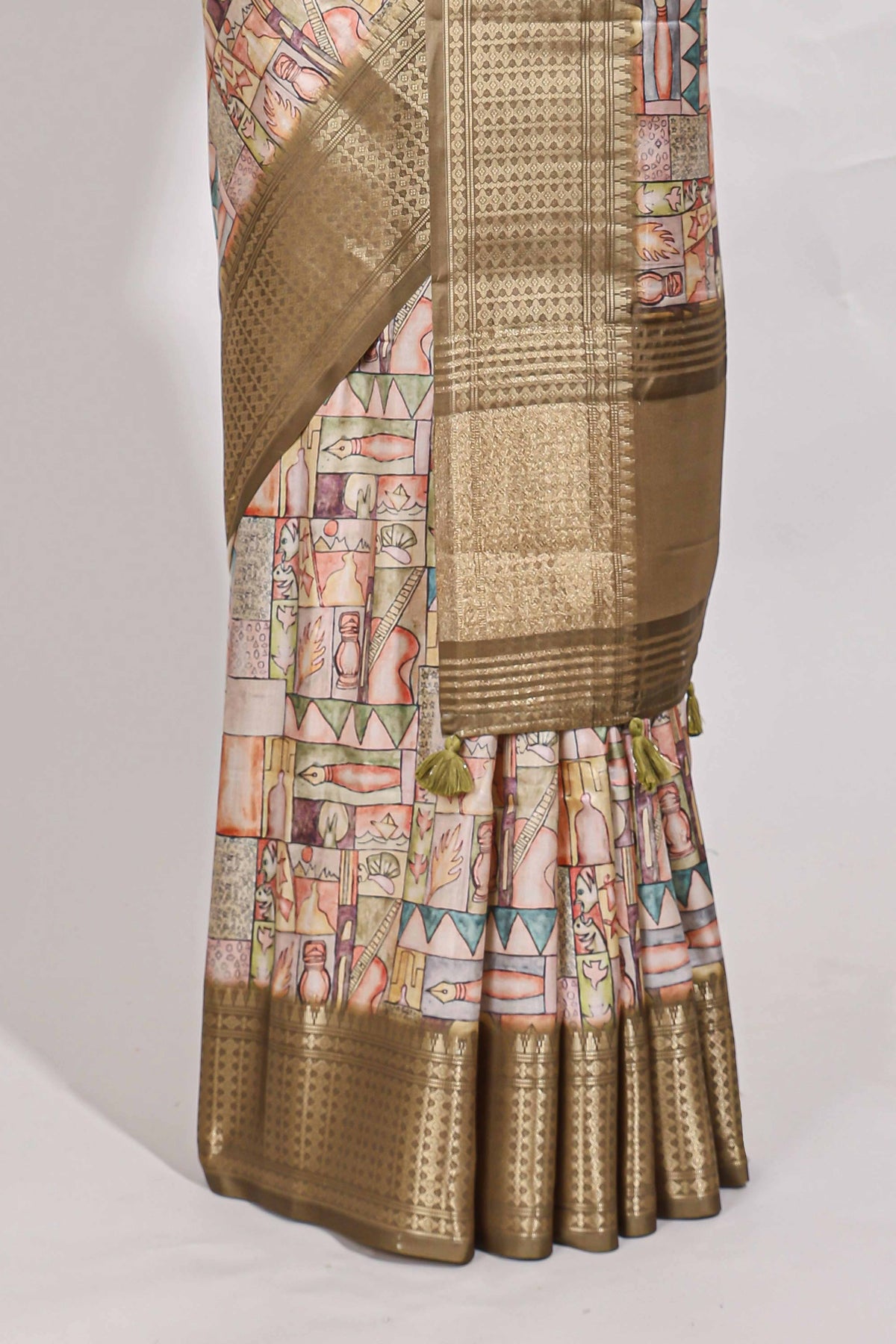 Mustard yellow colour story book  printed  semi tussar saree with zari border and zari weaving blouse