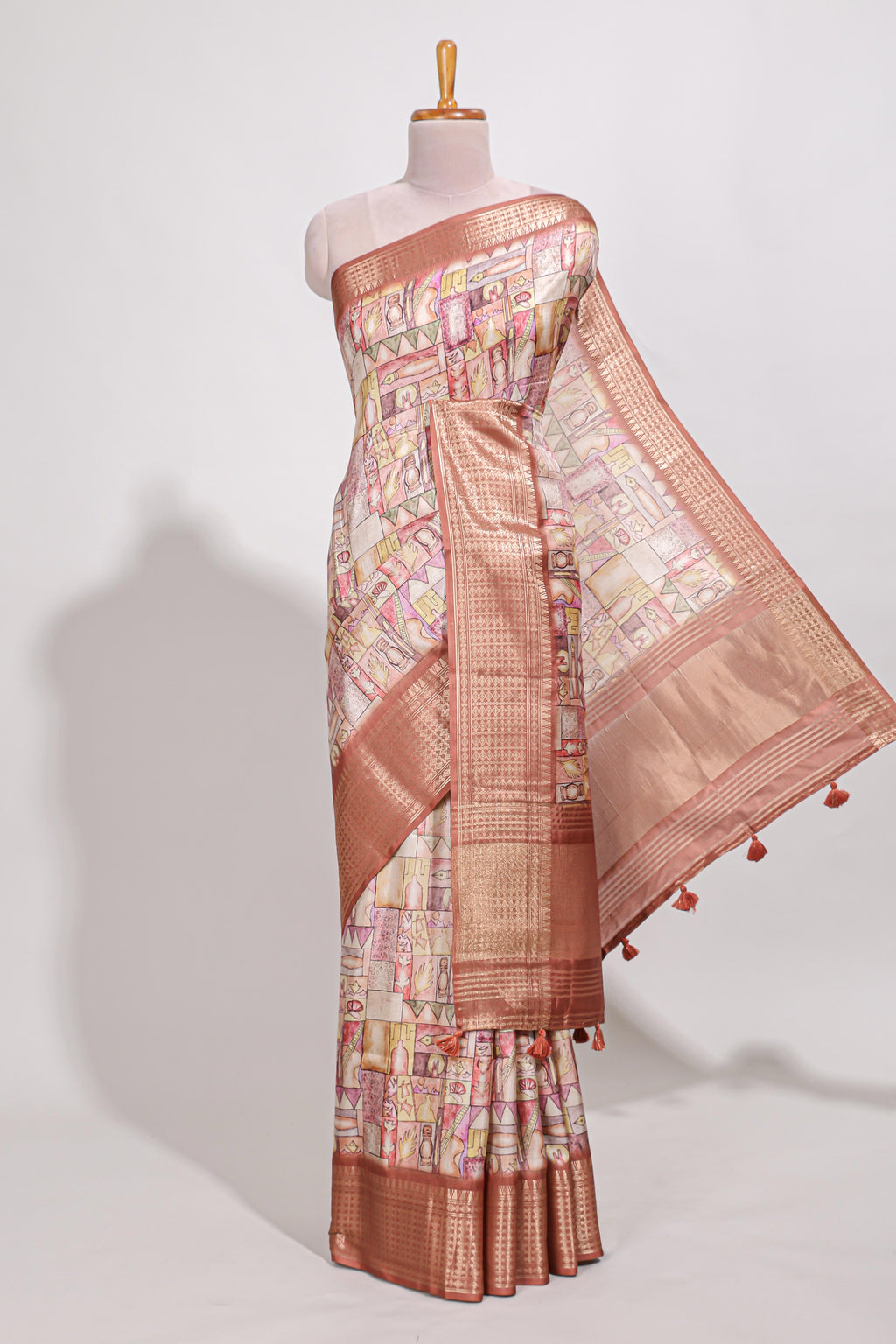 Rust orange colour story book  printed  semi tussar saree with zari border and zari weaving blouse