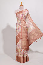 Rust orange colour story book  printed  semi tussar saree with zari border and zari weaving blouse