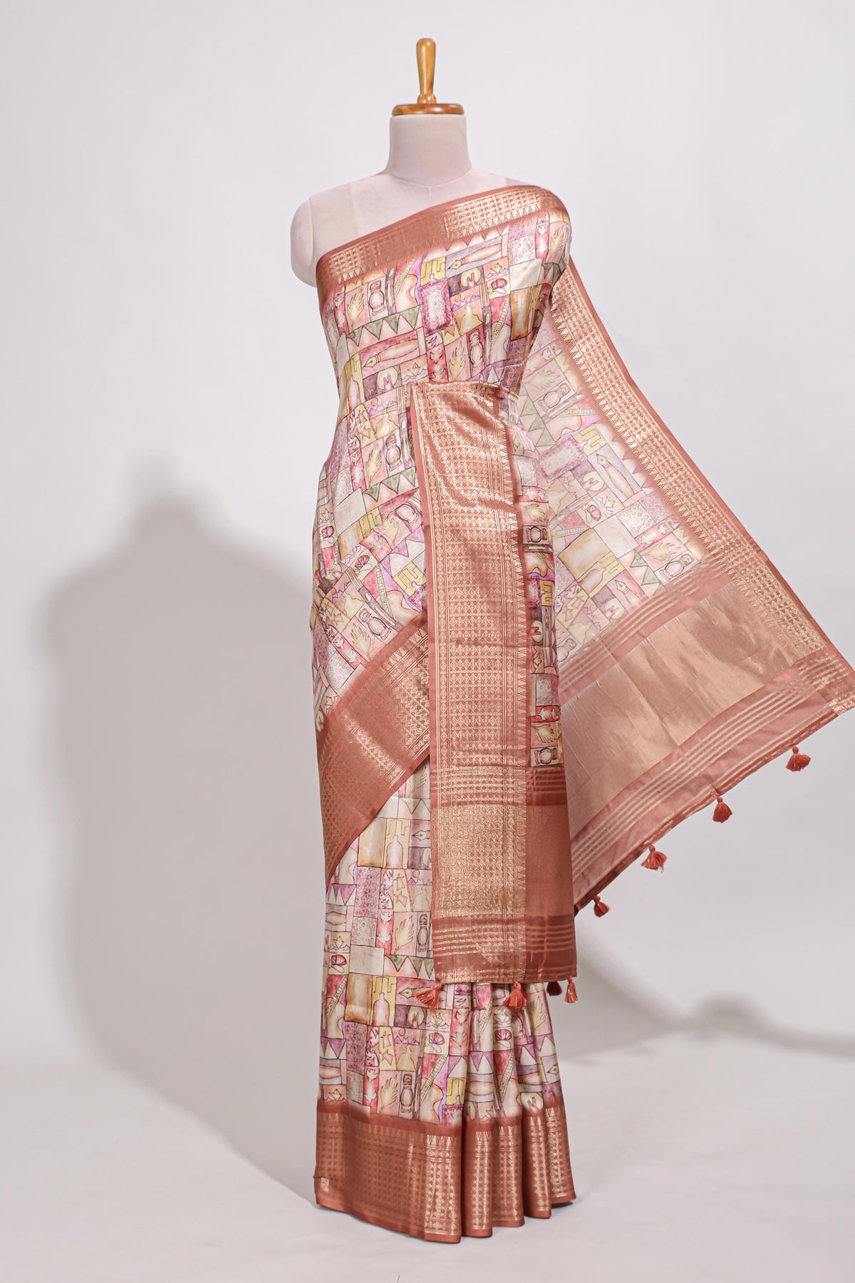 Rust orange colour story book  printed  semi tussar saree with zari border and zari weaving blouse