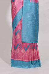 Pink colour and ikkat printed designsemi tussar saree with contrast border andcontrast blouse