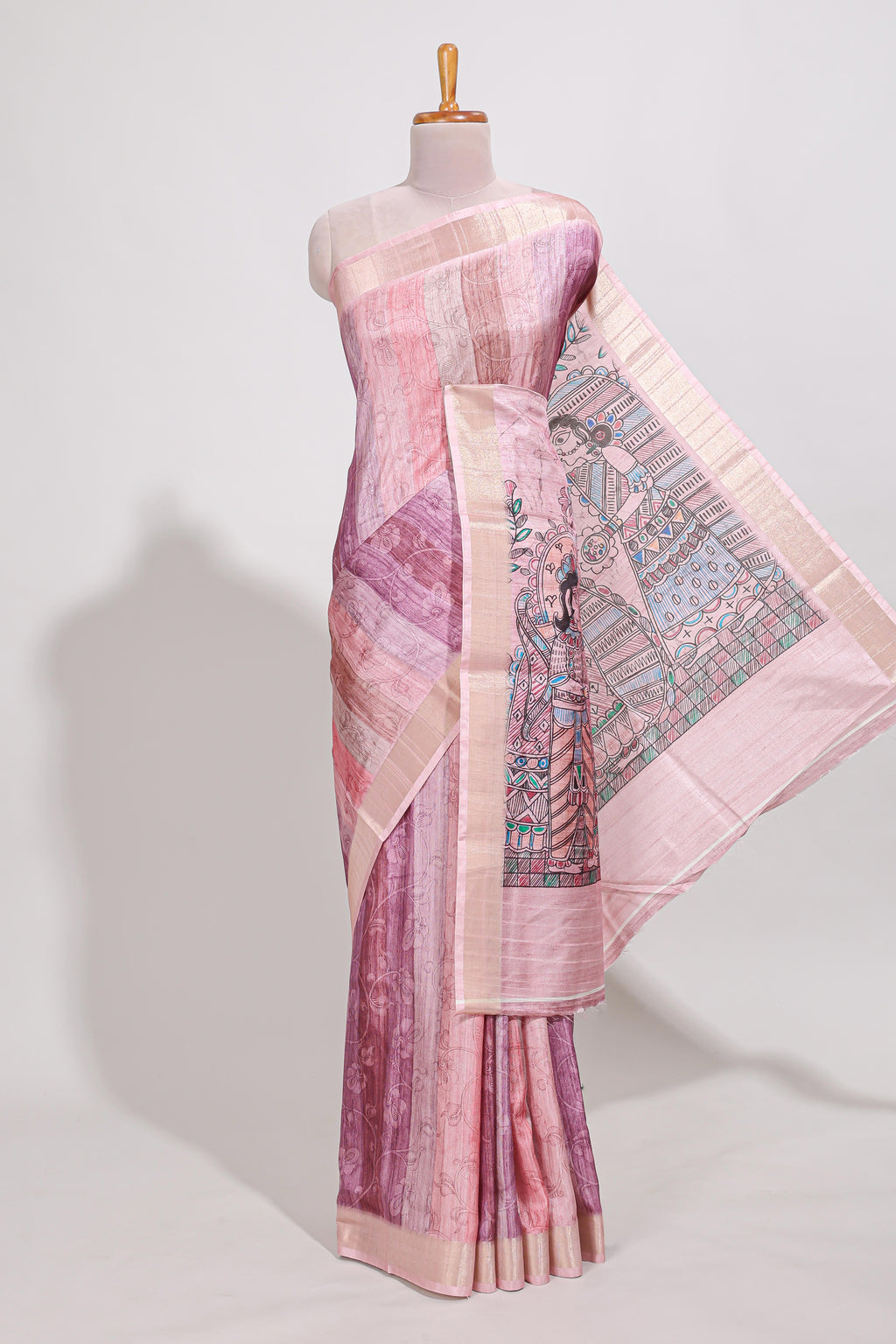 Pink colour kalamakri art  tussar saree  with floral creeper prints zari border and kalamkari motif print pallu
