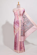 Pink colour kalamakri art  tussar saree  with floral creeper prints zari border and kalamkari motif print pallu