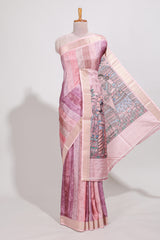 Pink colour kalamakri arttussar sareewith floral creeper prints zari border and kalamkari motif print pallu