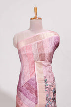 Pink colour kalamakri art  tussar saree  with floral creeper prints zari border and kalamkari motif print pallu