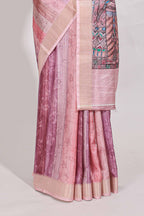 Pink colour kalamakri art  tussar saree  with floral creeper prints zari border and kalamkari motif print pallu