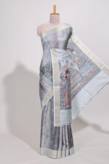 Green colour kalamakri arttussar sareewith floral creeper prints zari border and kalamkari peacock motif print pallu