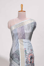 Green colour kalamakri art  tussar saree  with floral creeper prints zari border and kalamkari peacock motif print pallu