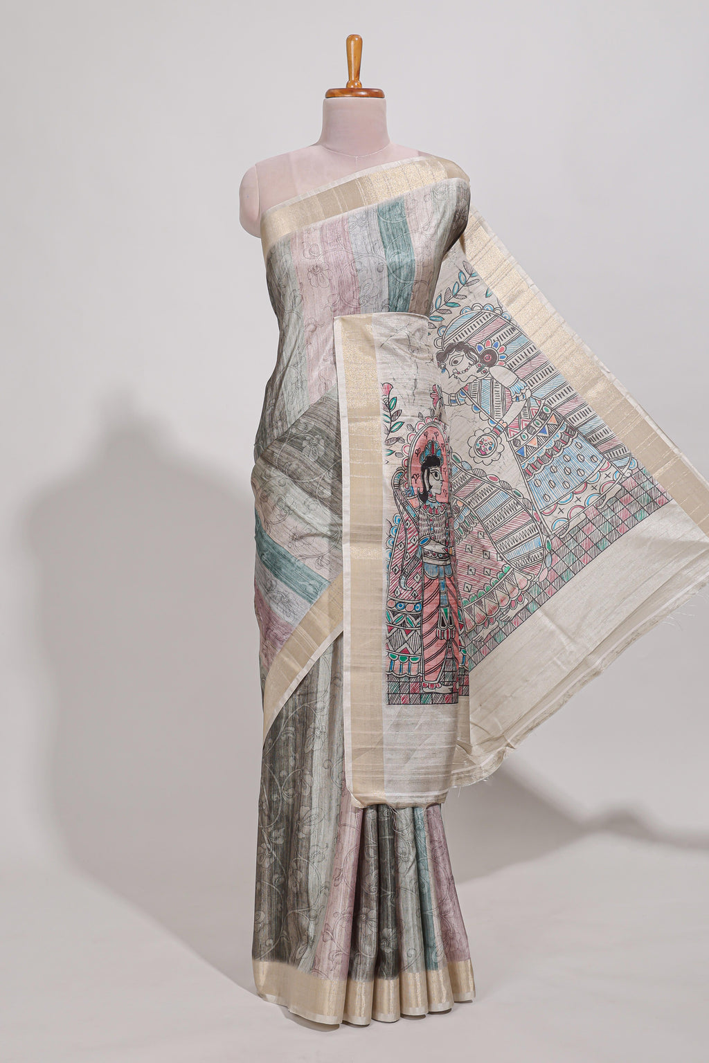 Green colour kalamakri art  tussar saree  with floral creeper prints zari border and kalamkari motif print pallu