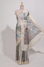 Green colour kalamakri art  tussar saree  with floral creeper prints zari border and kalamkari motif print pallu