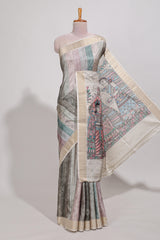 Green colour kalamakri arttussar sareewith floral creeper prints zari border and kalamkari motif print pallu
