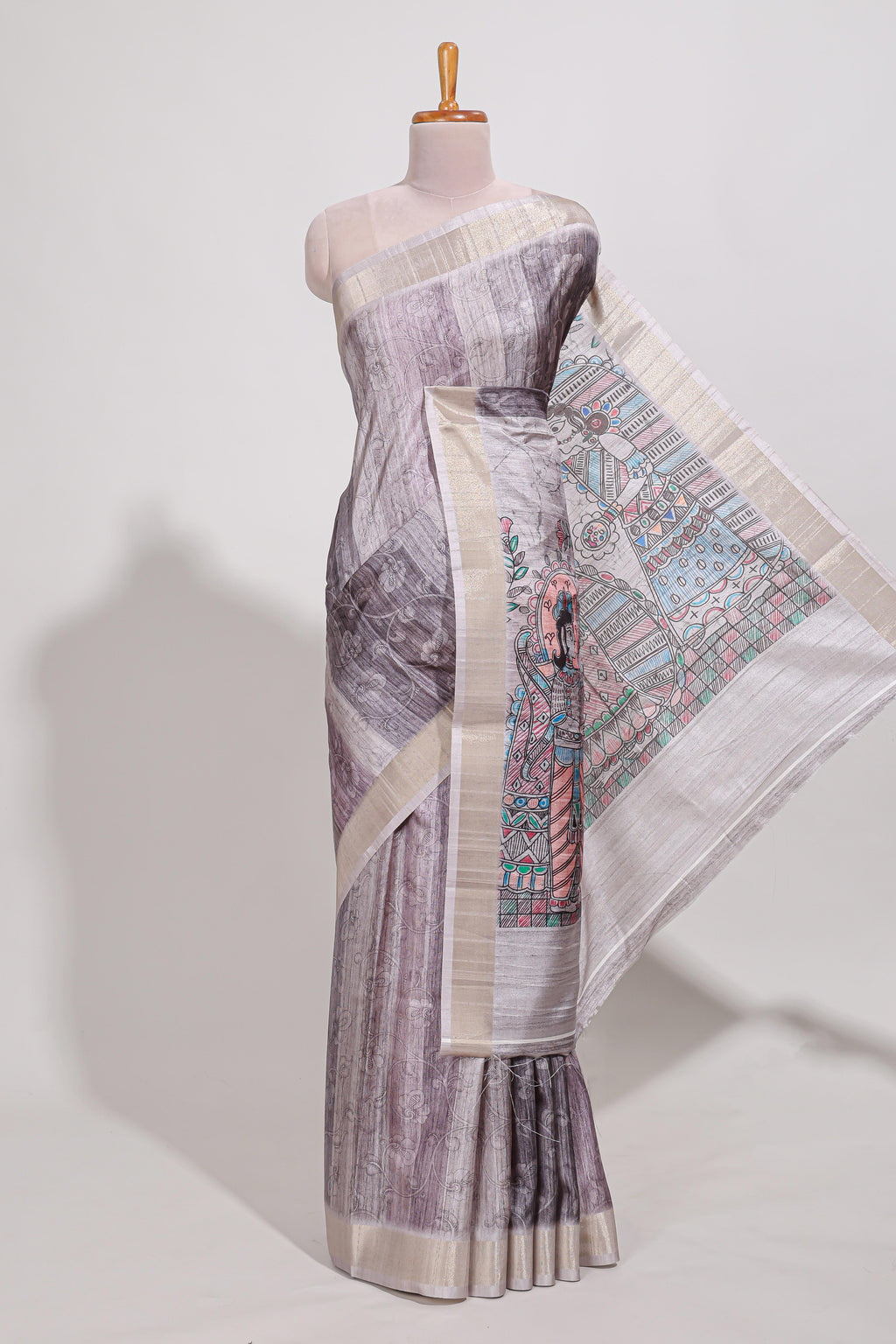 Multi colour kalamakri art  tussar saree  with floral creeper prints zari border and kalamkari motif print pallu