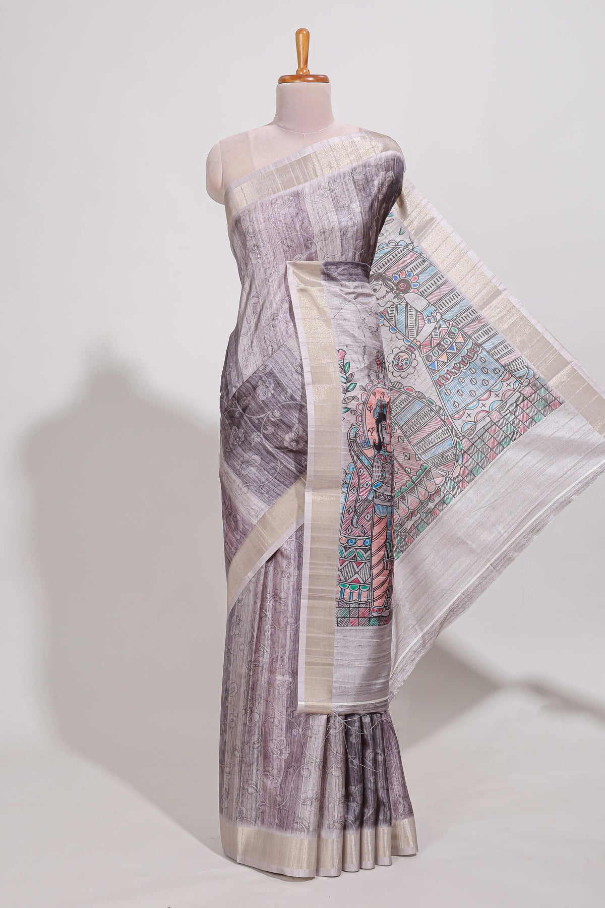 Multi colour kalamakri art  tussar saree  with floral creeper prints zari border and kalamkari motif print pallu