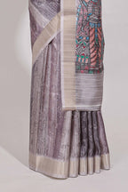 Multi colour kalamakri art  tussar saree  with floral creeper prints zari border and kalamkari motif print pallu