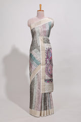 Pastel green colour kalamakri arttussar sareewith floral creeper prints zari border and kalamkari peacock motif print pallu