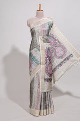 Pastel green colour kalamakri arttussar sareewith floral creeper prints zari border and kalamkari peacock motif print pallu