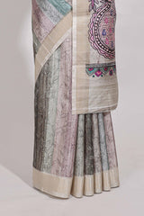 Pastel green colour kalamakri arttussar sareewith floral creeper prints zari border and kalamkari peacock motif print pallu